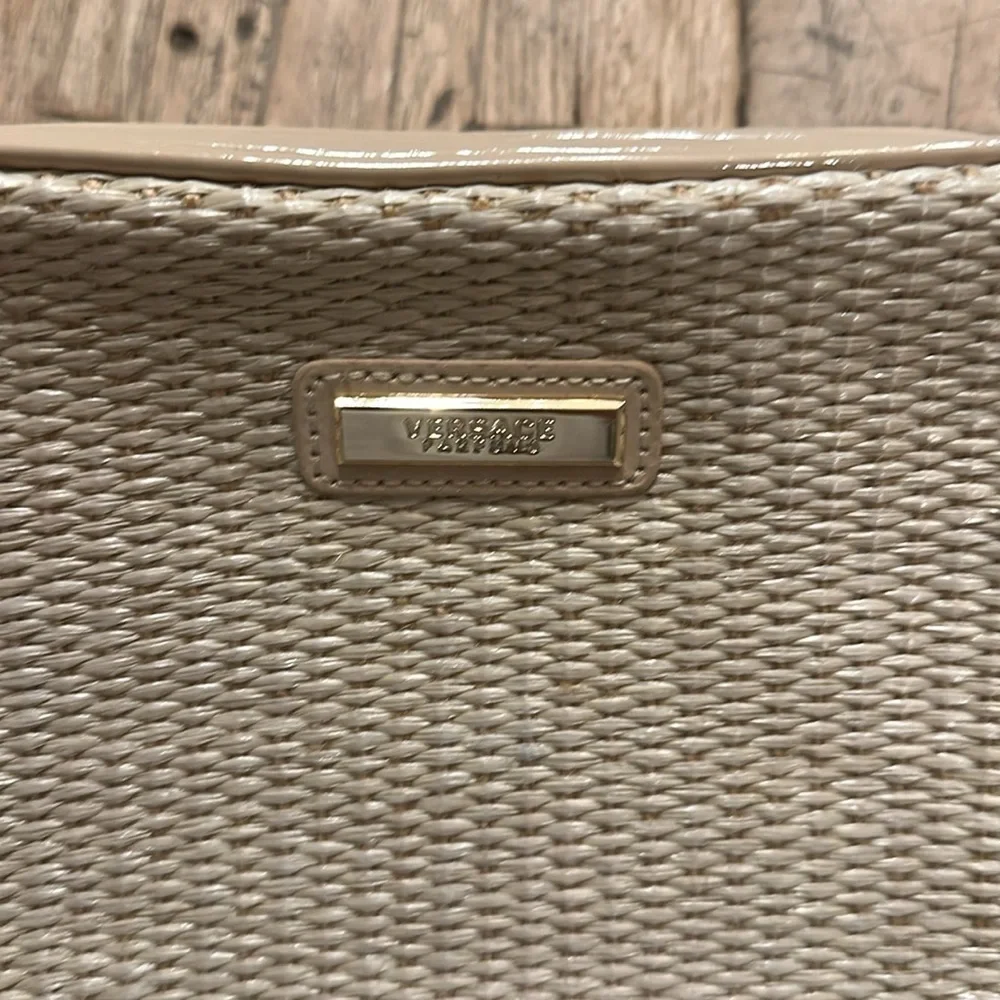Versace Parfums Cosmetic Bag | Woven Jute Travel Pouch | NWOT Neutral Gold